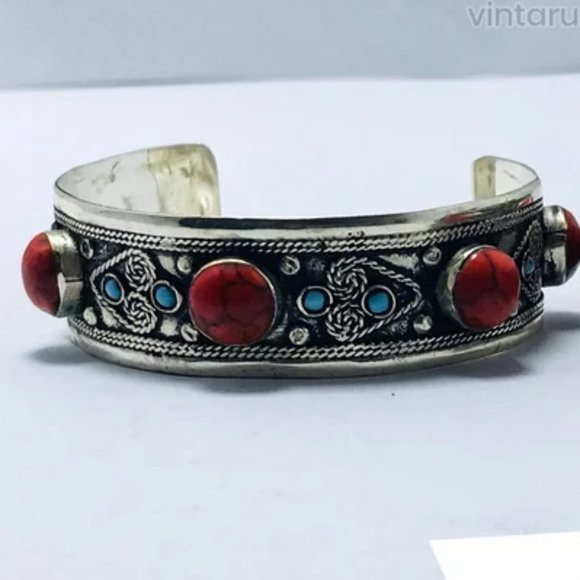 Single Handmade Kuchi Silver Cuff Bracelet: Tribal Boho Statement Jewelry - Picture 1 of 7